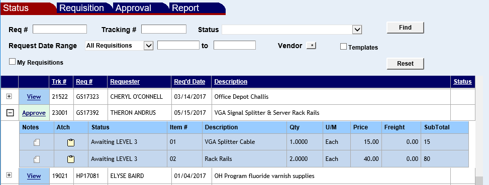 requisition status screen with approve link featured