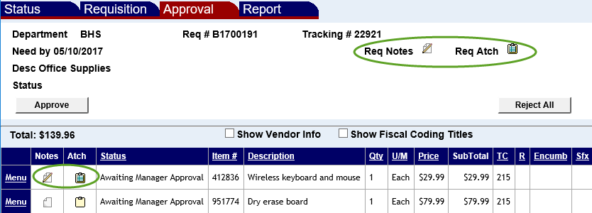 requisition notes and attachments icons highlighted