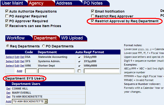 Restrict approval by requisition department check box highlighted and a list of departments and users highlighted