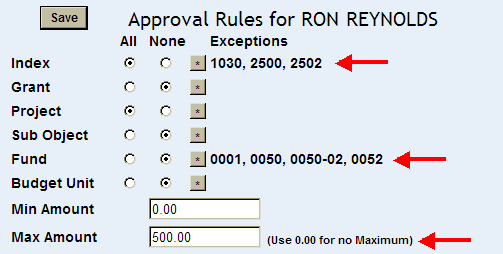 list of approval rules highlighted