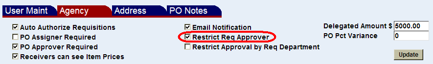 restrict requisition approver check box highlighted