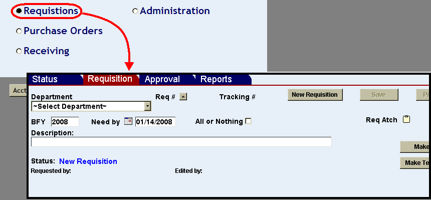 requisitions link highlighted and requisition screen shown