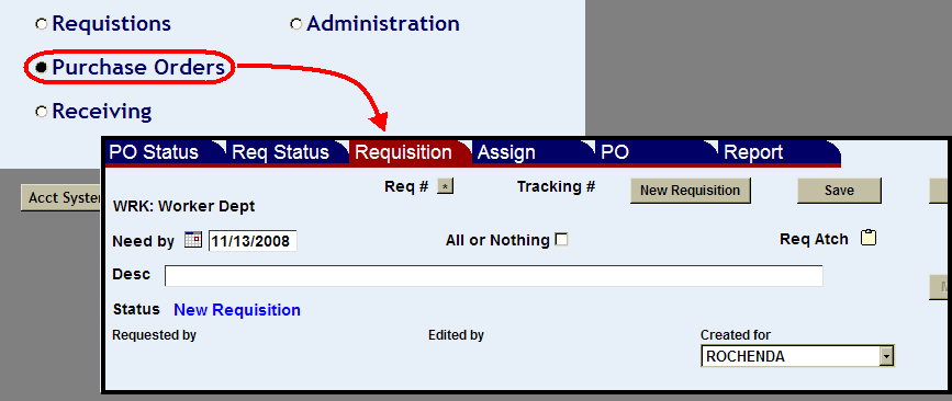 purchase orders link highlighted and requisition shown screen