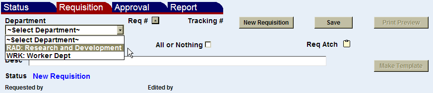 requisition screen department drop down menu