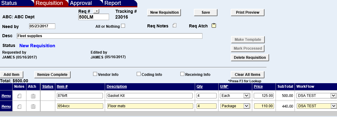 requisition screen with two lines items