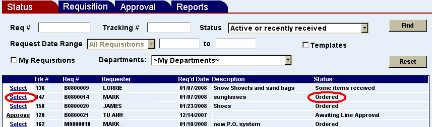 requisition status screen with the select link and the status highlighted of one item