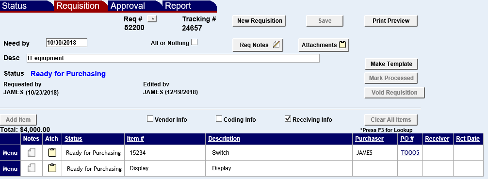 requisition screen with the receiving info check box checked