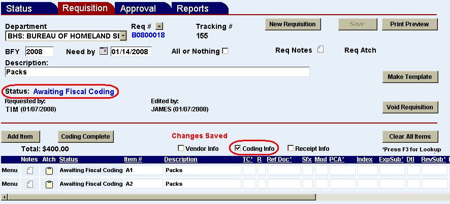 The Status message and the coding info check box highlighted