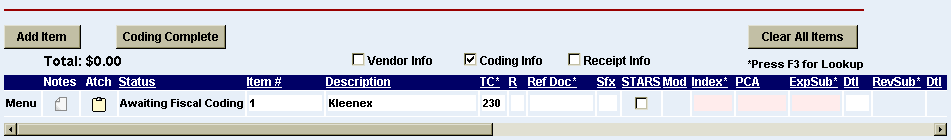 a requisiton line with fiscal code fields shown