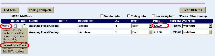the line item menu and the request price check command highlighted