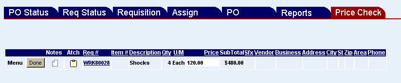the price check screen with one request shown