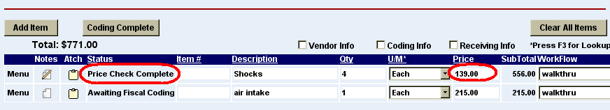 the price check complete status on a requisition item