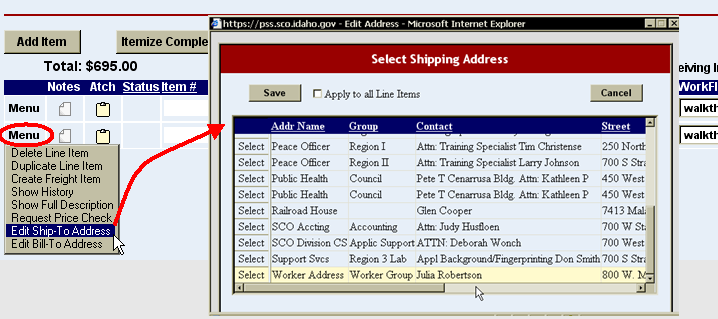 purchase order line item menu with edit ship to address option highlighted
