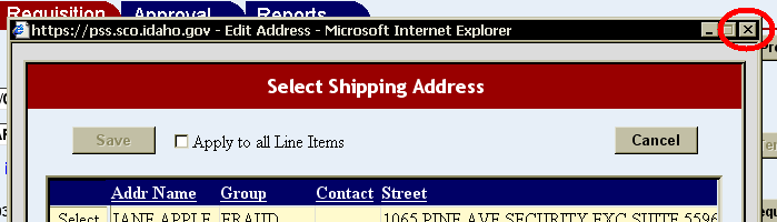 shipping address pop up windows with the close button highlighted