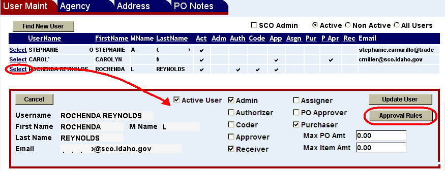 a user profile with the approval rules button highlighted