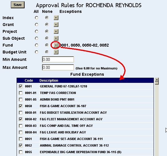 a list of approval levels with the Fund fiscal code asterisk highlighted