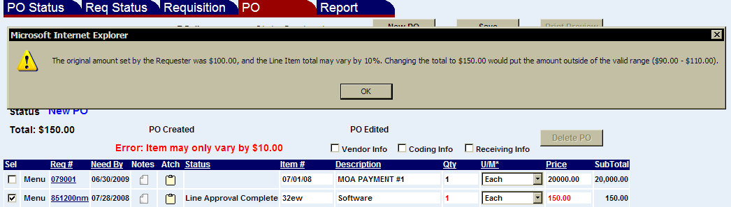 a po item amount variance warning message