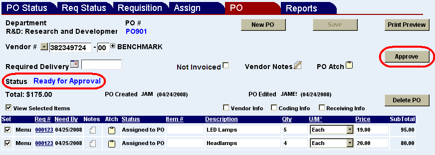 a Purchase order with the Approve button and the Status message highlighted