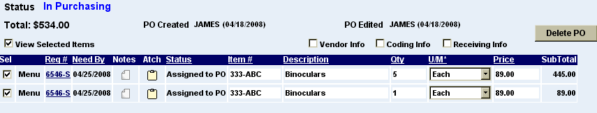 purchase order with a line item split