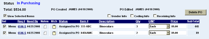 purchase order line items with different item numbers and quantities