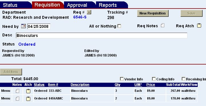 requisition screen with a list split items