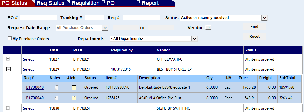 PO Status screen with a list of purchase orders