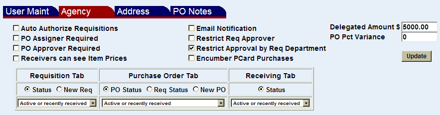 Agency screen with restrict approval by requisition department check box checked