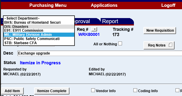 a requisition with the select department drop down menu highlighted