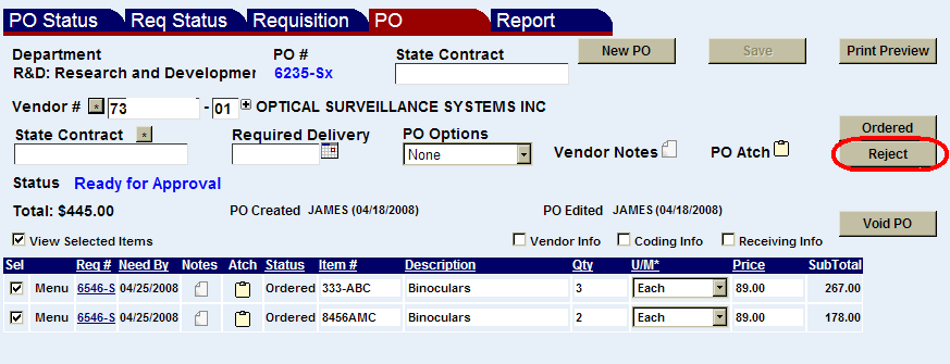 the purchase order screen shown with the reject button highlighted