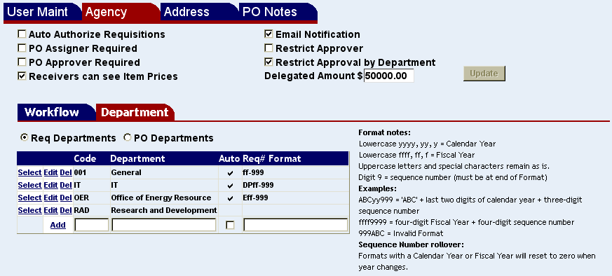 List of departments entered on the Agency screen