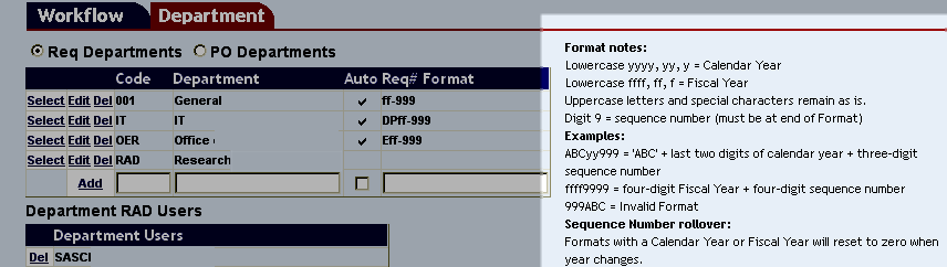 automatic numbering format notes highlighted on the department screen