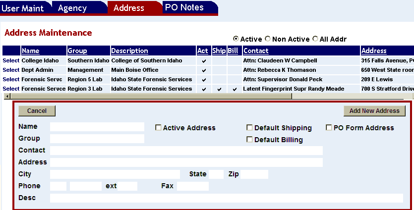 List of addresses on teh address maintenance screen