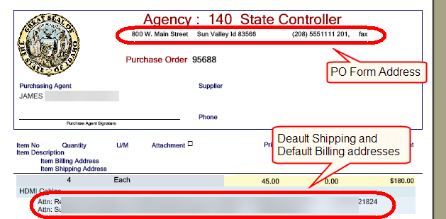 addresses highlighted on a purchase order form