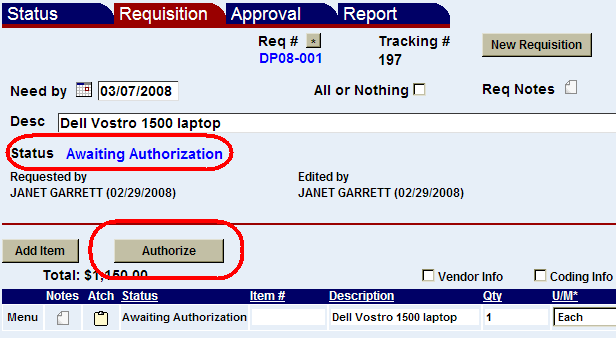requisition screen with status message and authorize button highlighted