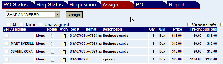 purcahse order assign screen with a list of assignees