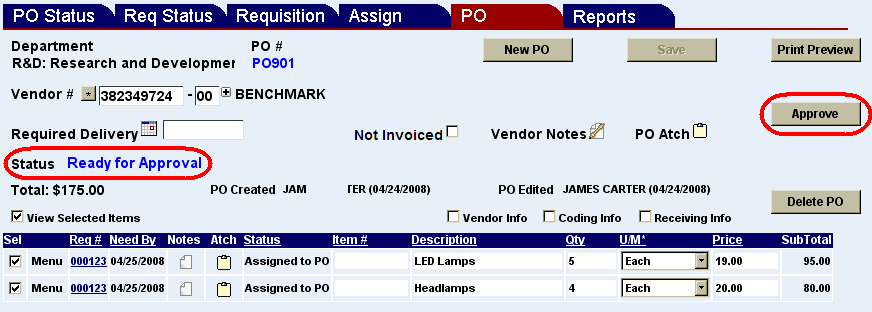 purchase order with approval button and status message highlighted