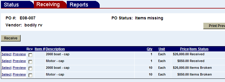 Receiving screen with list of purchase order items