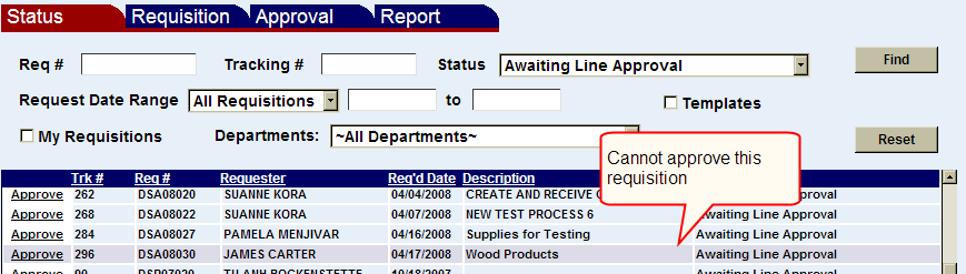 requisition status screen with one restricted requisiton shown
