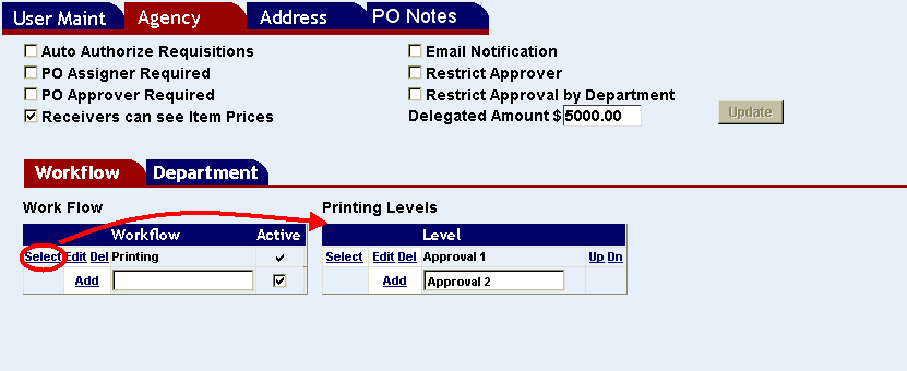 workflow select button highlighted and the approval level column shown