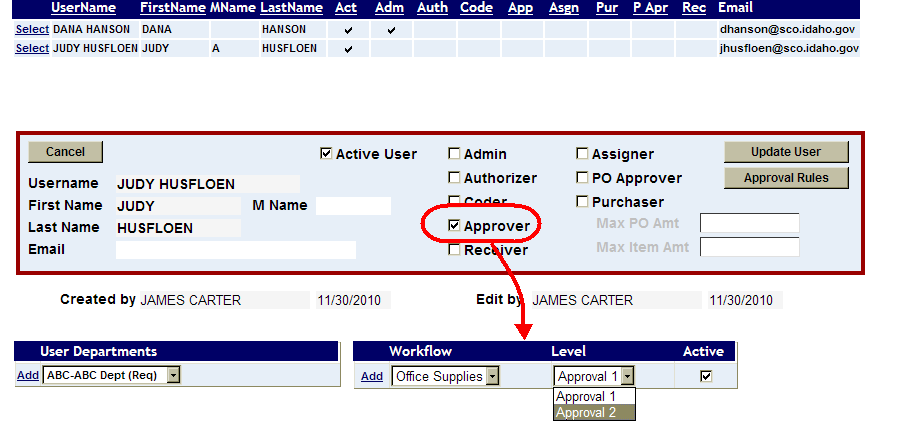 A user profile with the approver chack box and the workflow approval level drop down menu highlighted