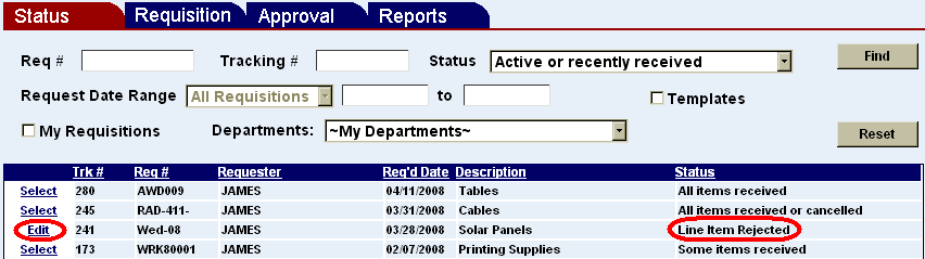 line item rejected status on a requisition