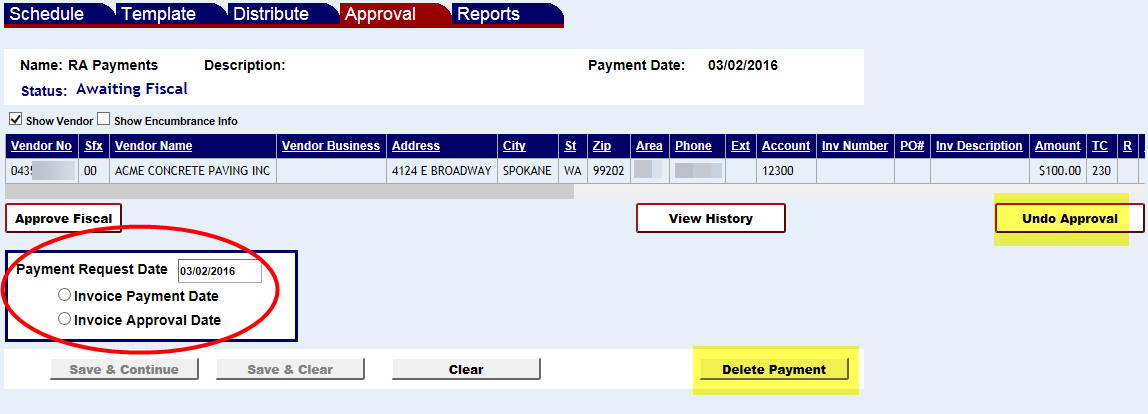 Payment Request Date Dialog box highloghted