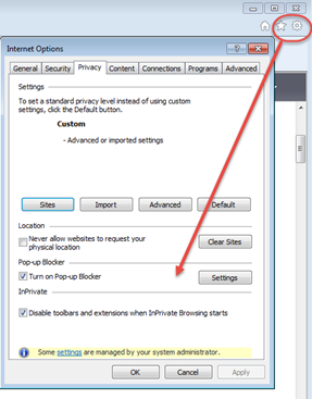 Internet Explorer Tools button and pop up blocker setting