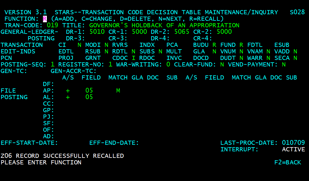 Transaction Code Decision Table Example