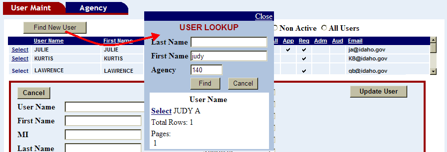 find new user button highlighted and a new user look up window shown