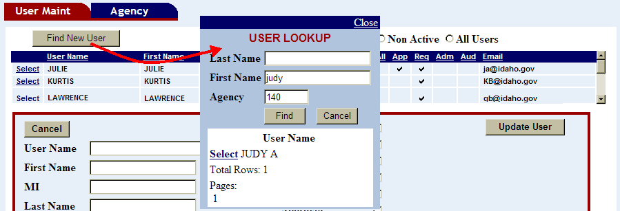 the find new user button highlighted and the user lookup window shown