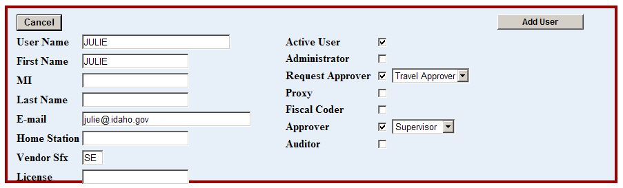 the user name fields and various user settings shown
