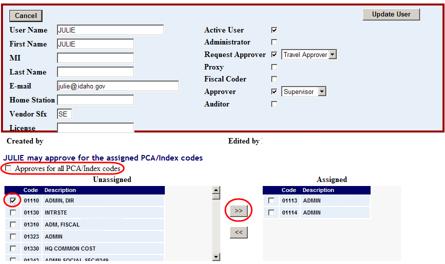the Approves for all PCA/Index codes check box highlighted and a list of unassigend and assigned codes shown