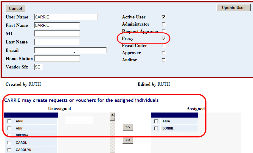 the proxy check box highlighted and a list of unassigend and assigned users shown