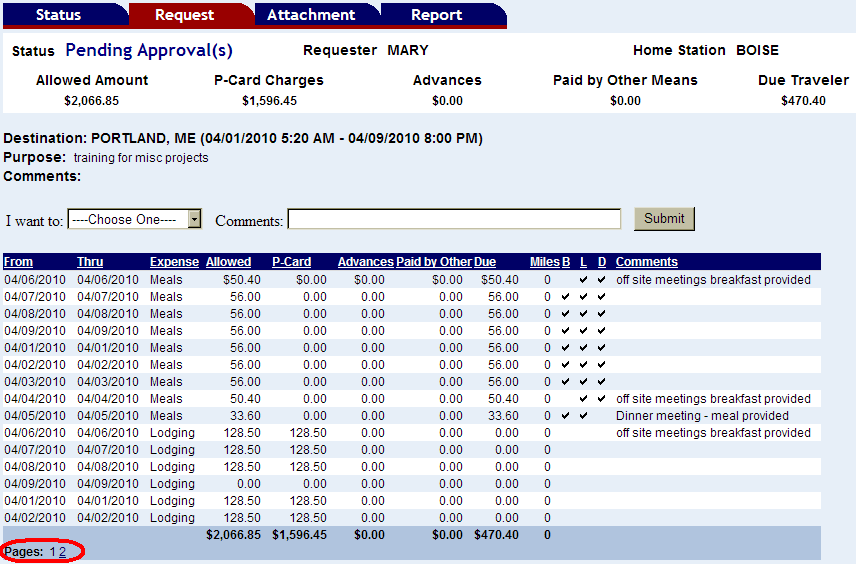 the transaction details of a request shown